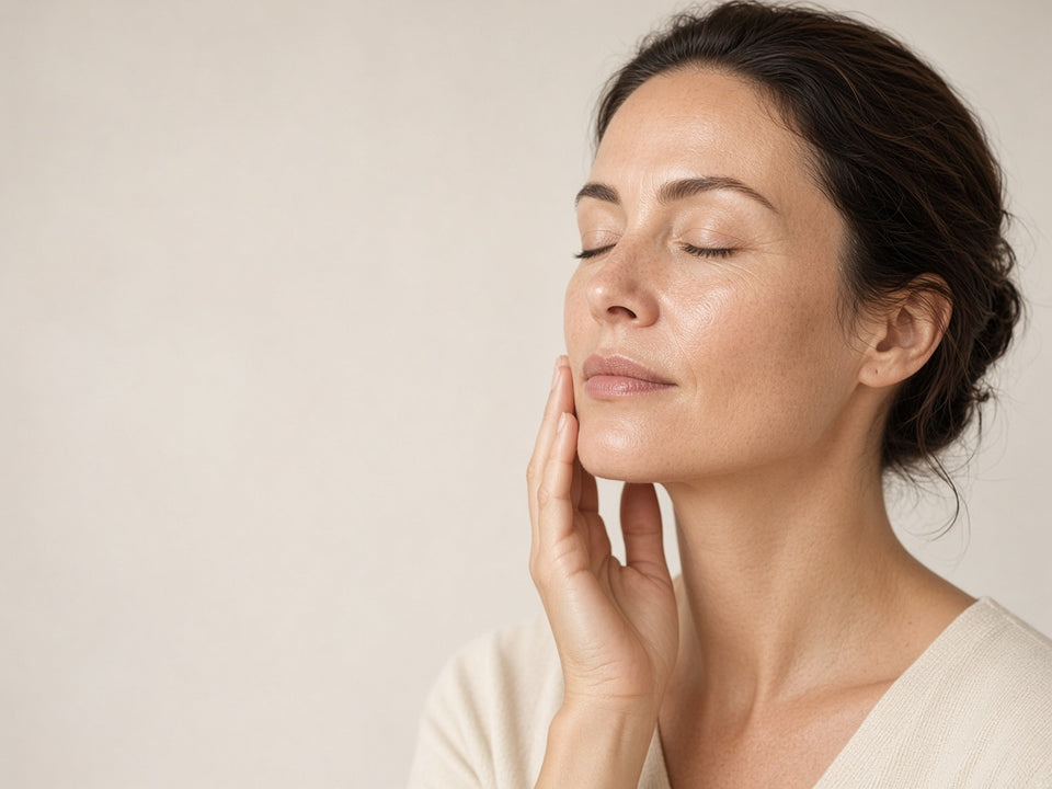 Woman with dark hair pinned up and her eyes closed, resting her hand against her cheek, in front of a light beige background