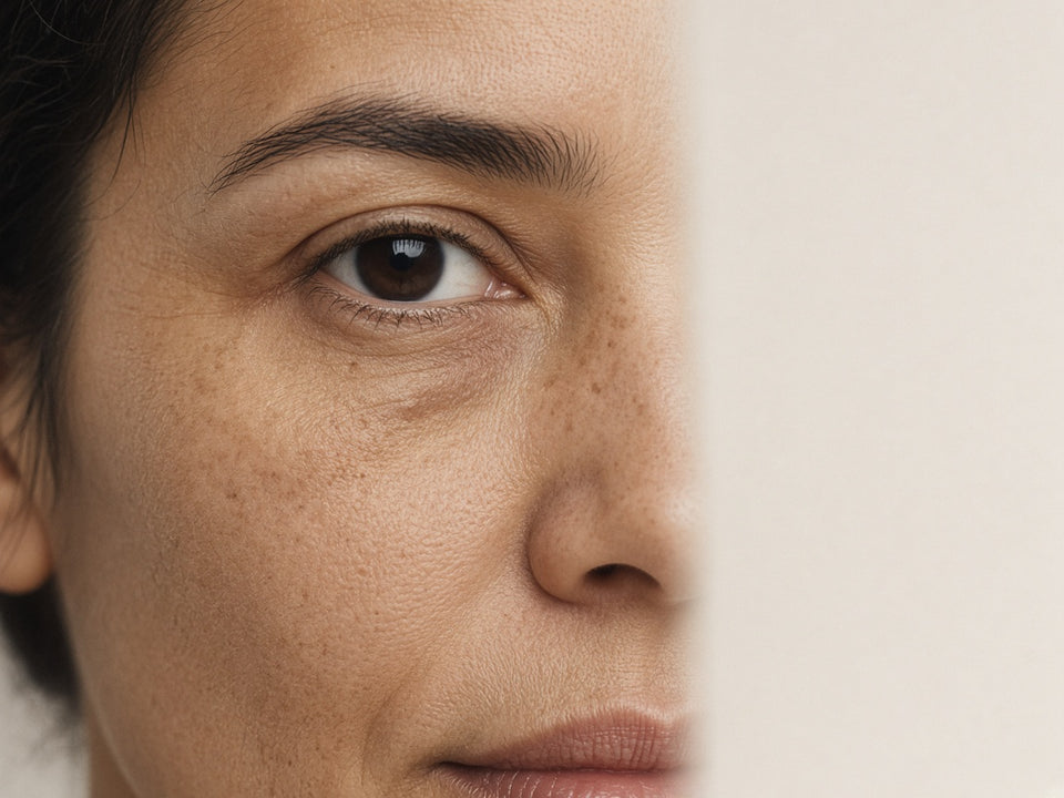 Close-up of half a face, with a brown eye and freckles on the cheek and nose, next to a light background